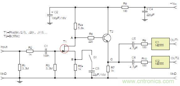 圖3:采用兩個工作在不同頻率下的555定時器電路,以獲取不同的音效。
